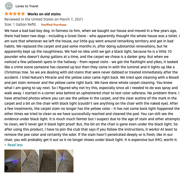 Works on old stains My Pet Peed Pet Urine Remover